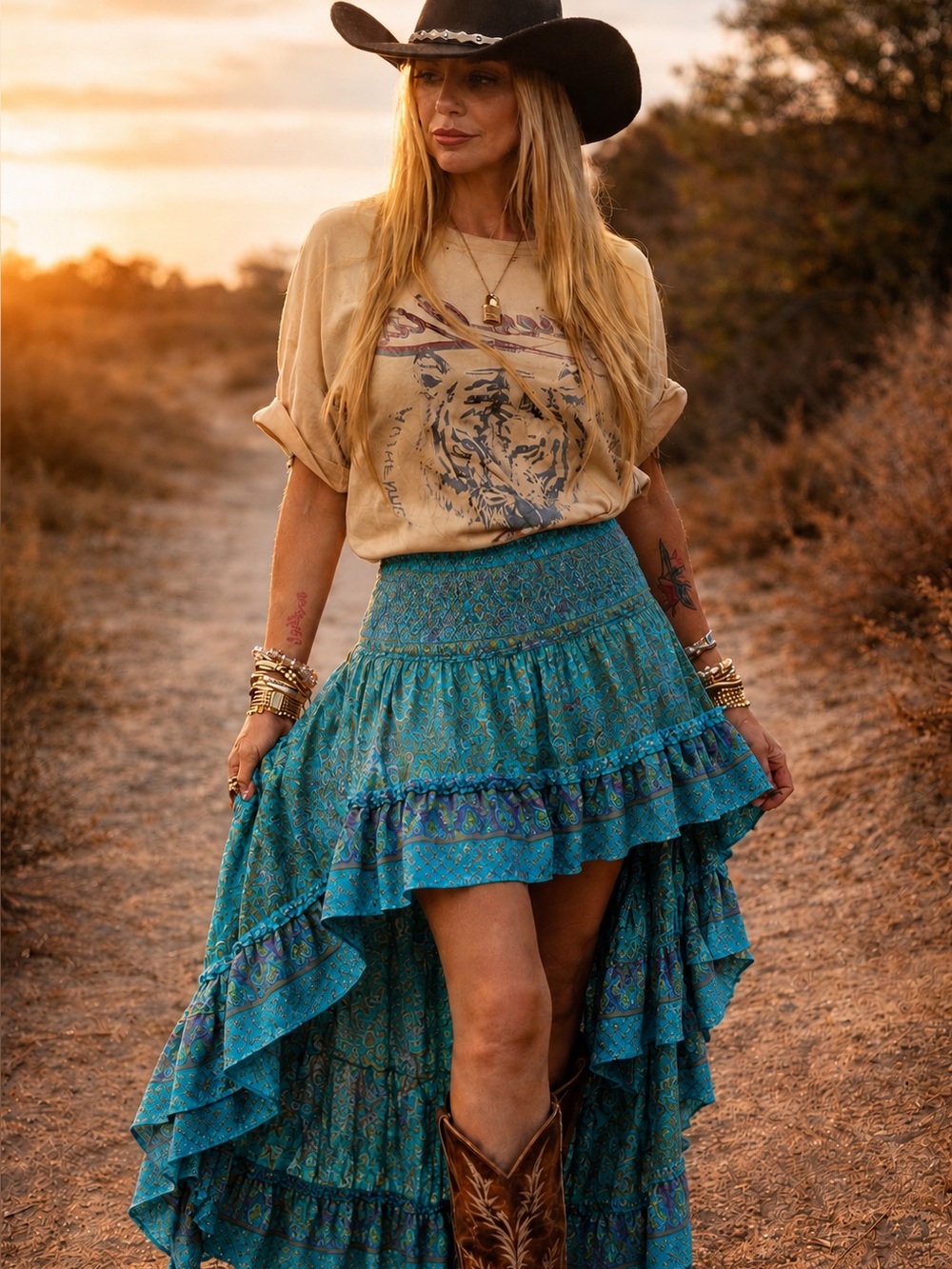 Private Label Teal Patterned High-Low Ruffled Maxi Skirt